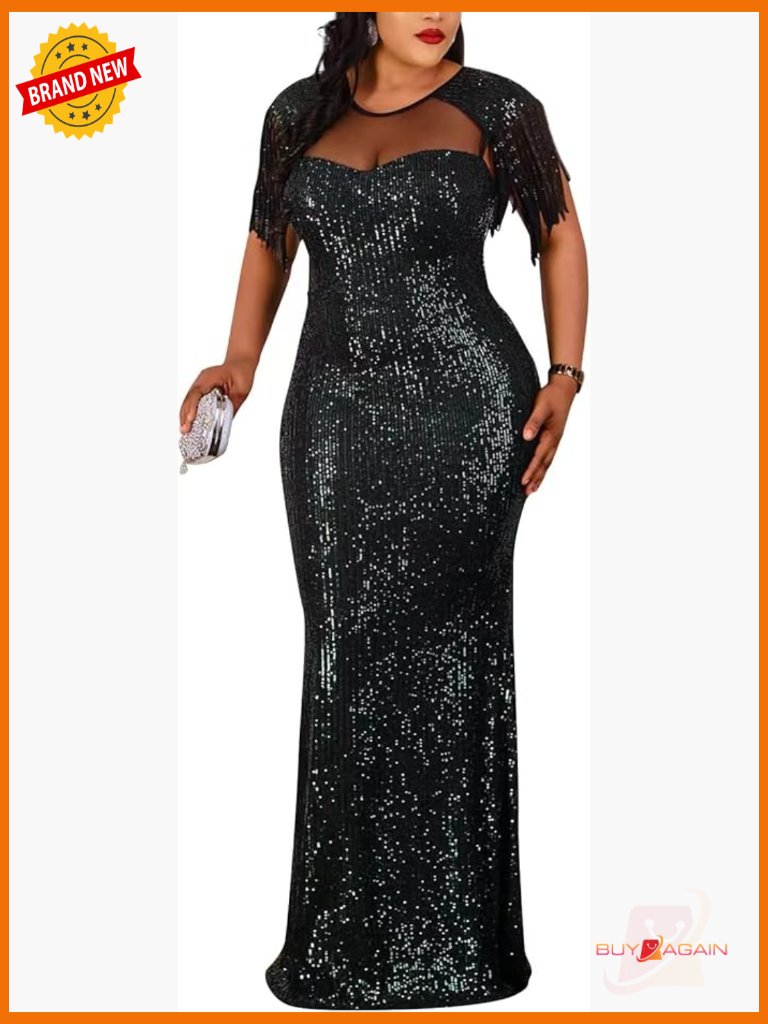 Sequin Tassel Mesh Bodycon Party Maxi Dress Sleeveless
